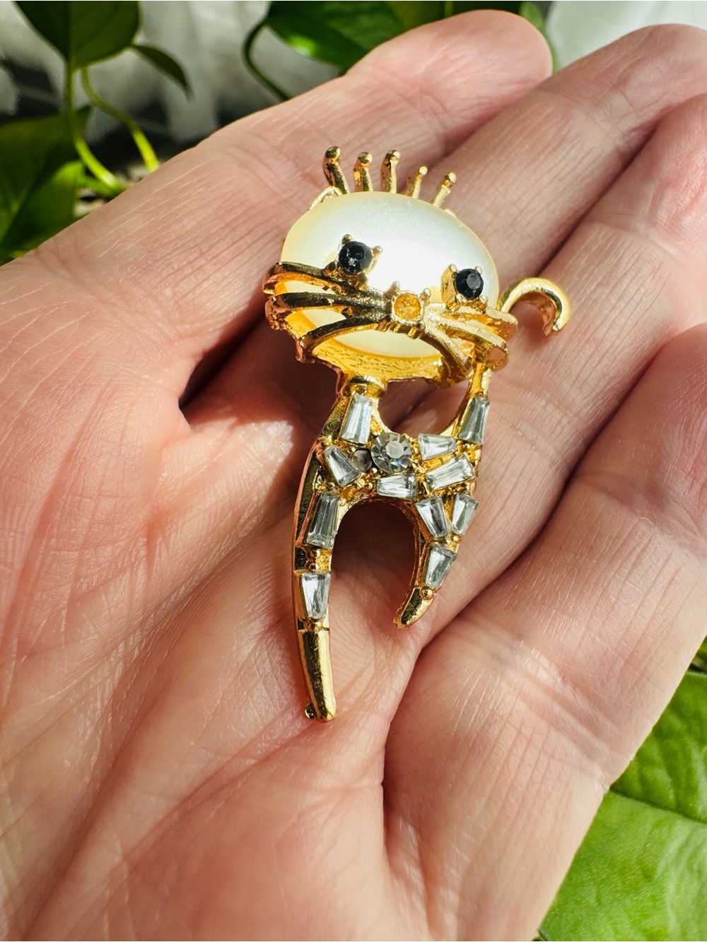 Cat with Crown Brooch with Pearl-Look Head and Clear Crystal Accents 2”